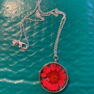 Silver & red sun pressed flower necklace